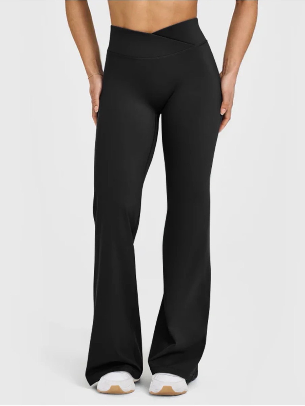 High-Rise Black Flare Pants with Crossover Waistband